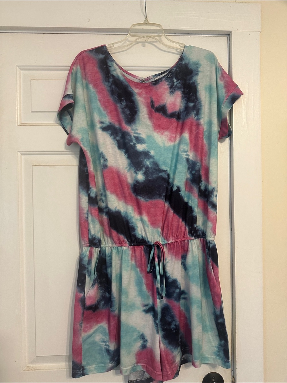 Tie-Dye Short Sleeve Drawstring Waist Romper - Blue & Pink